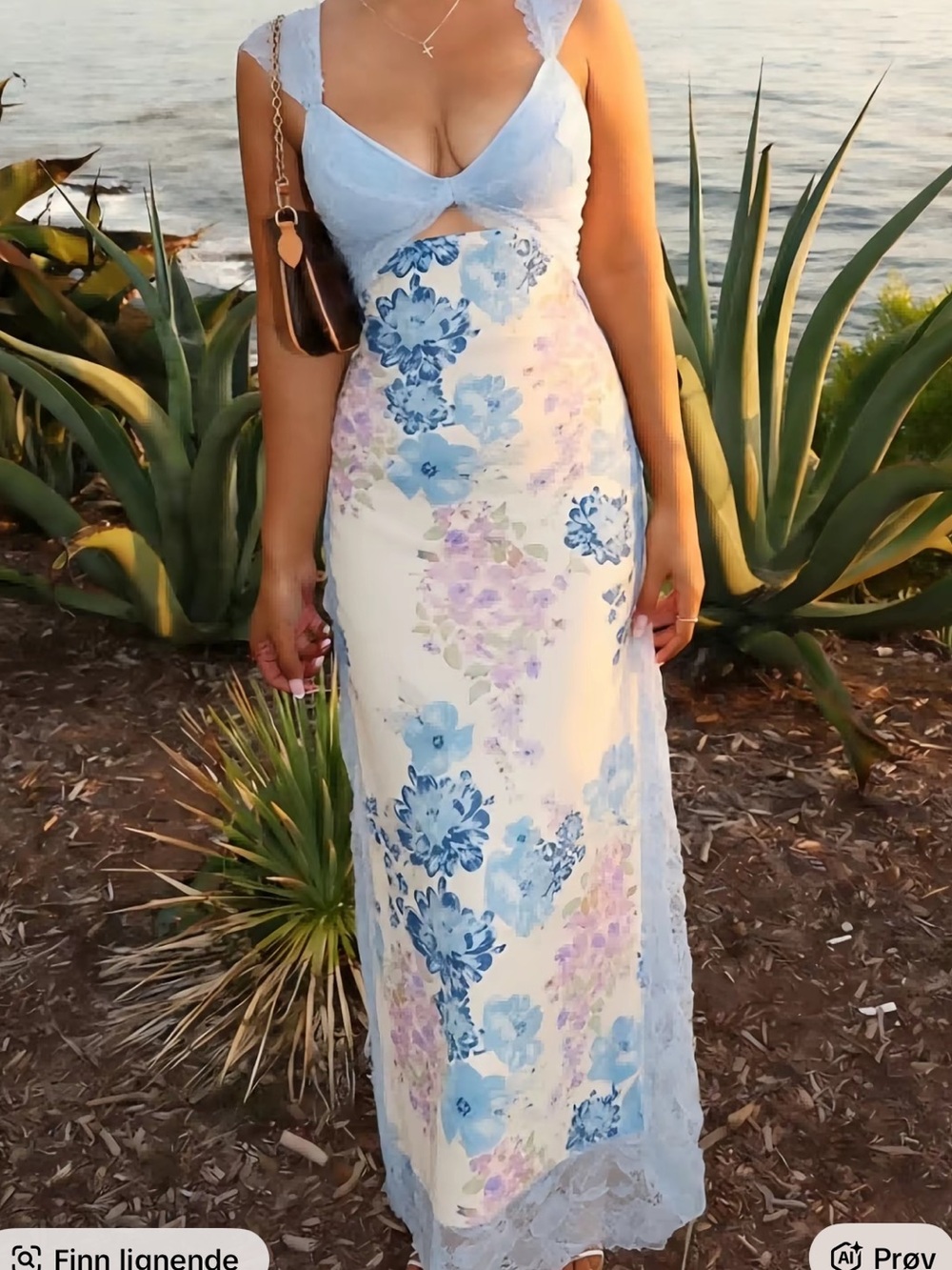 Blue Floral Lace-Trim Maxi Dress